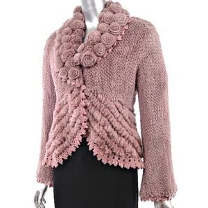 Dusty rose knit rabbit fur crochet cardigan